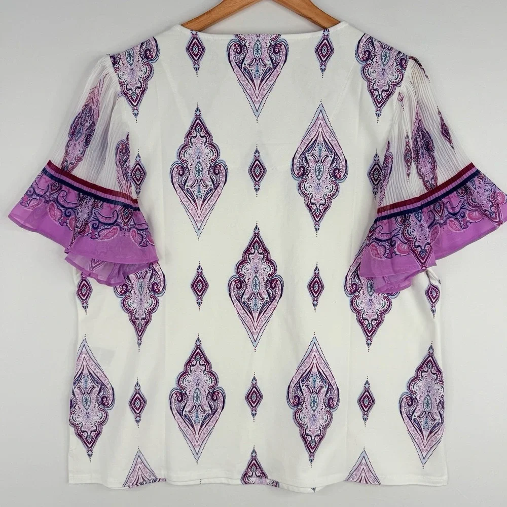 Chico's Knit Square Neck White Purple Paisley Chiffon Flutter Sleeve Top SZ-3-XL